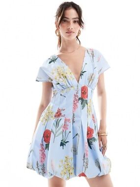 ASOS Light Blue Floral Deep V Mini Dress